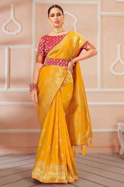 tissage banarasi soie banarasi sari en jaune avec chemisier