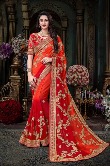 couleur rouge, orange georgette sari