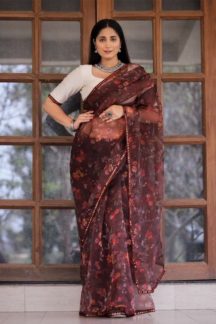 organza marron sari en dentelle, impression numérique
