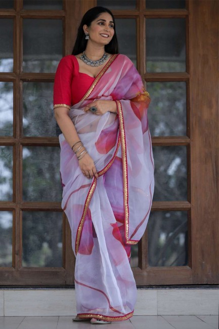 sari en organza blanc avec dentelle, impression numérique