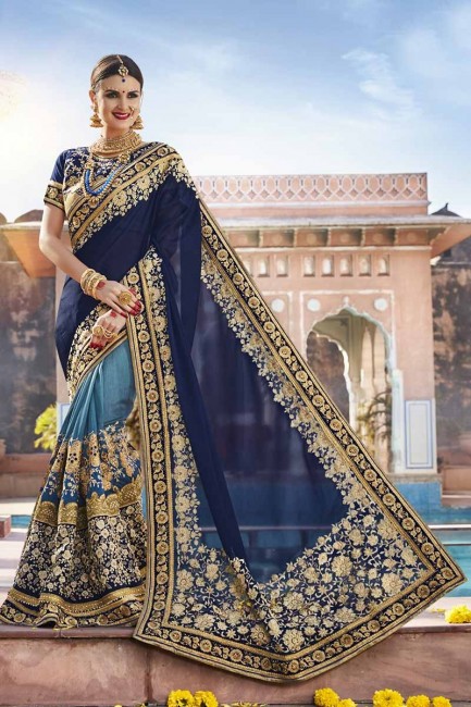 georgette couleur bleu foncé, sari net