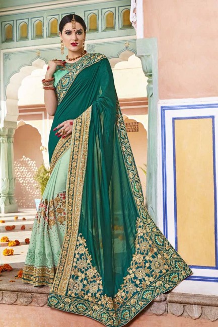 couleur verte forêt rangoli soie, sari net