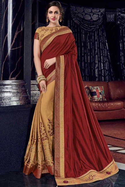 marron et couleur or deux tissus de soie de ton et sari georgette lumineux