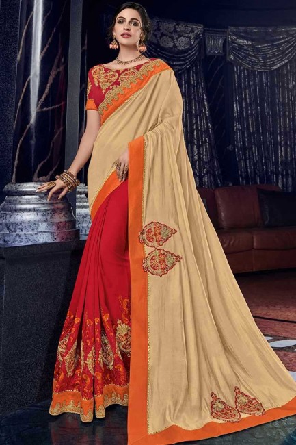 beige et tissus de soie de couleur rouge sari