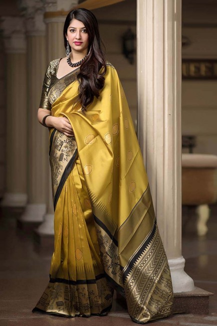 couleur jaune Banarasi saris en soie
