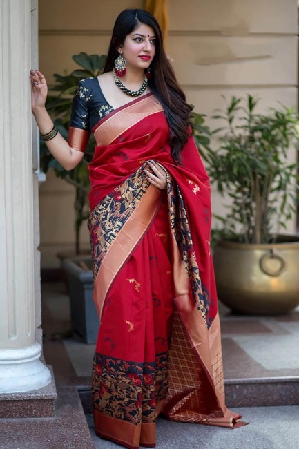 couleur rouge Banarasi saris en soie