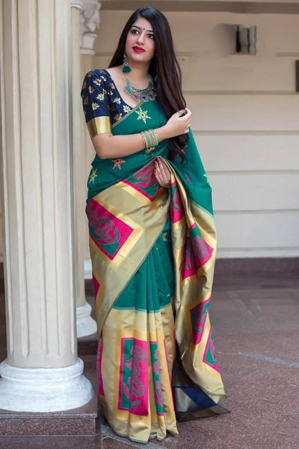 couleur pin Banarasi saris en soie