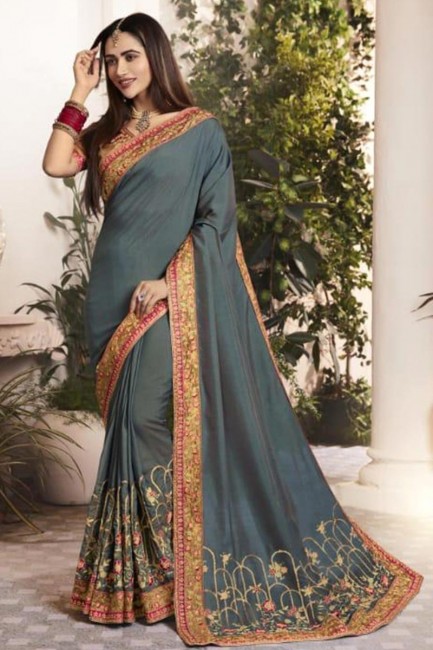 soie de couleur gris foncé fantaisie georgette sari