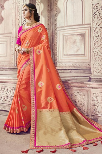 couleur jaune lourd Banarasi sari de soie