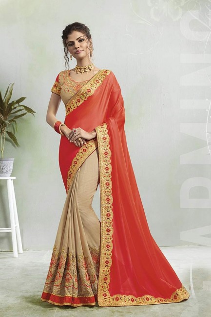 couleur rouge et crème georgette de soie sari