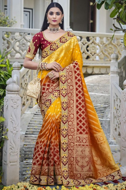 banarasi sari en soie banarasi moutarde avec tissage