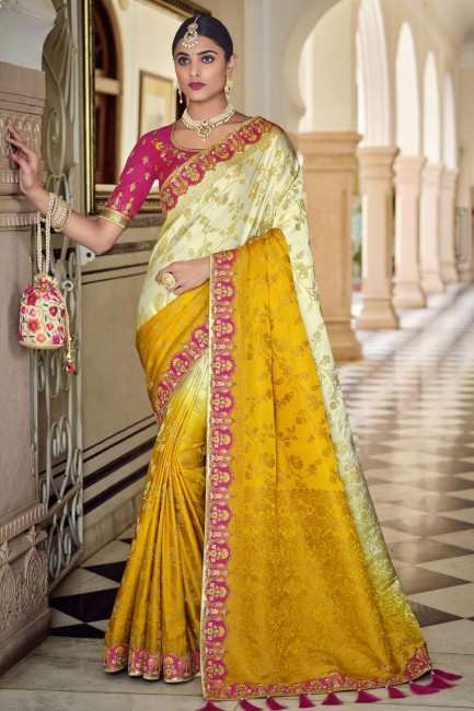 sari banarasi en soie banarasi jaune avec tissage