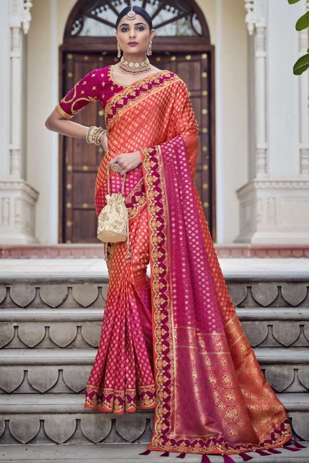 orange banarasi soie banarasi sari avec tissage