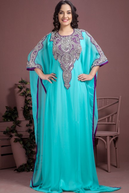 Abaya Kaftan crêpe et georgette bleu ciel