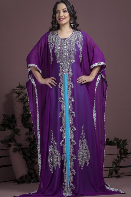 Abaya Kaftan en crêpe et georgette violet, bleu