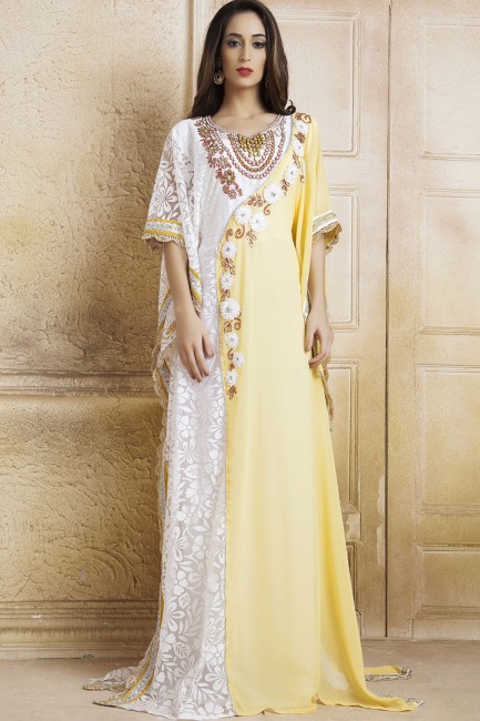 Georgette jaune et blanc et net Abaya Kaftan