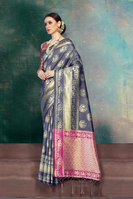 bleu marine, couleur rose Banarasi sari de soie