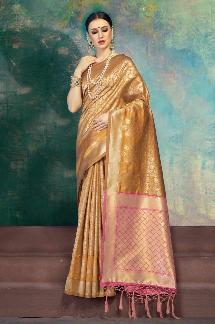 jaune, couleur rose Banarasi saris en soie