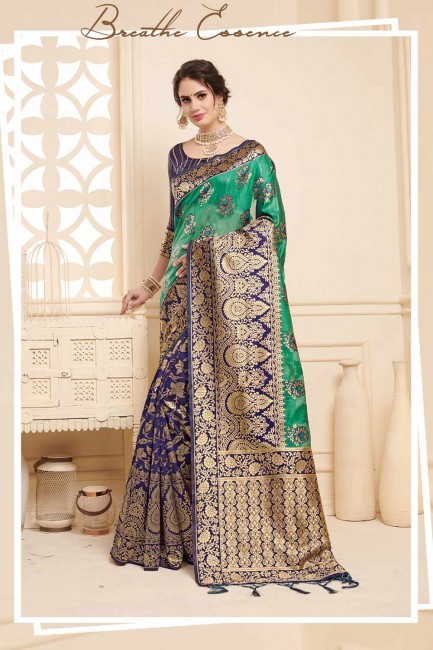 vert 7 lin couleur bleue saris en soie