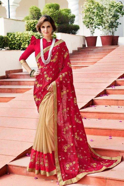 couleur rouge et crème sari de soie art