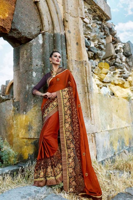 deux chatoyante couleur rouge foncé ton georgette sari