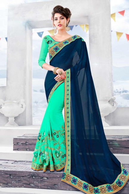 couleur verte et bleu clair georgete sari