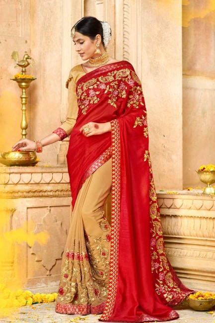 rouge et beige couleur fantaisie sari