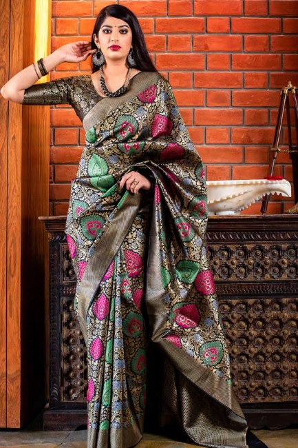 couleur noire Banarasi saris en soie