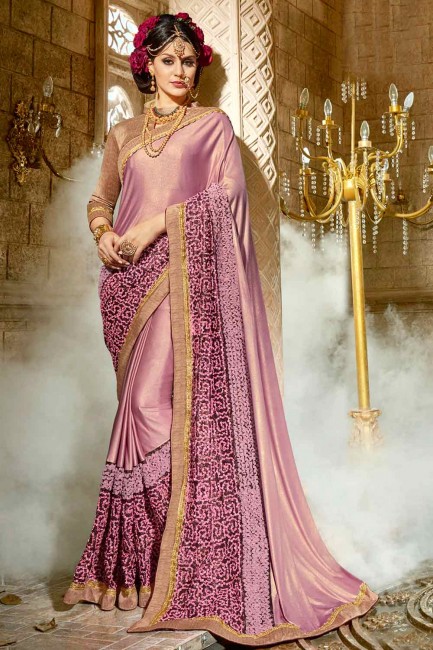 deux tons de couleur rose synthatic saris en soie