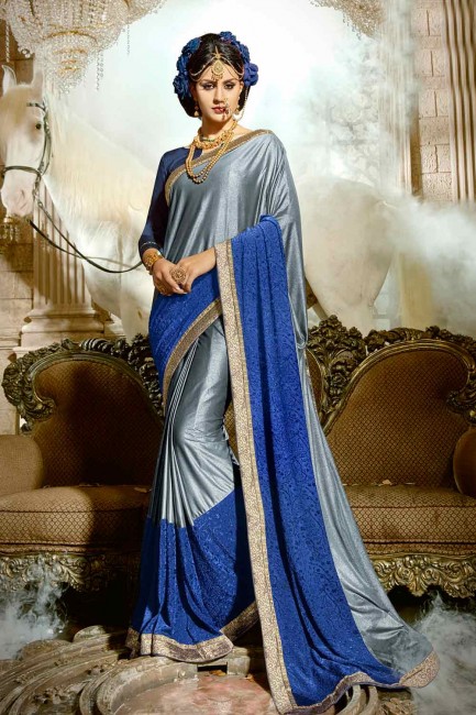 deux ton gris et couleur bleue synthatic sari de soie