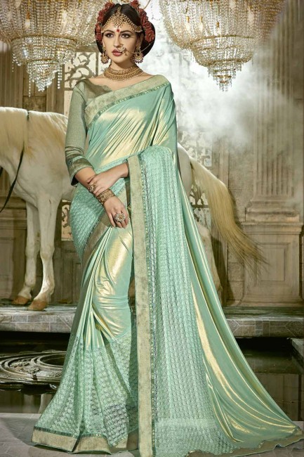 deux tons de couleur aqua synthatic saris en soie