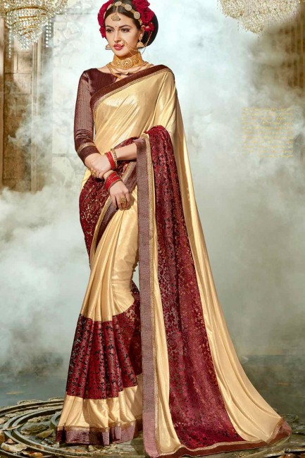 crème et couleur marron synthatic sari de soie