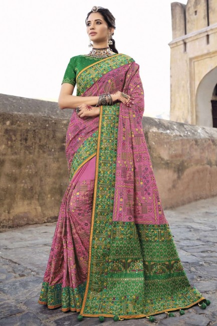stone,mirror banarasi silk sari in gajari with blouse