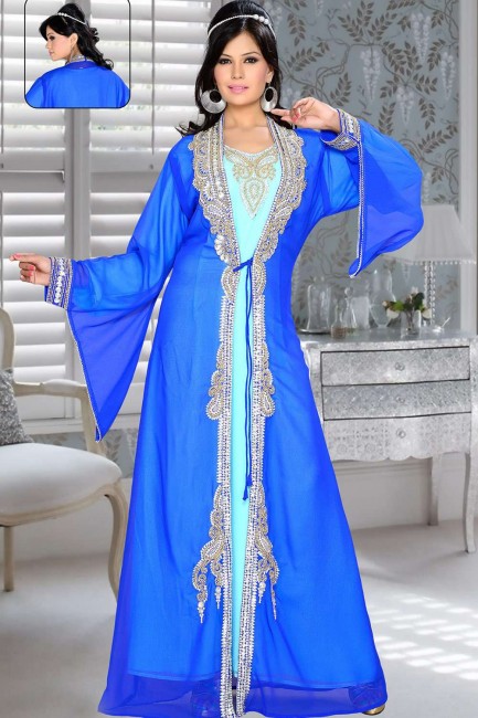 Caftan Abaya Georgette Bleu Royal & Bleu Ciel
