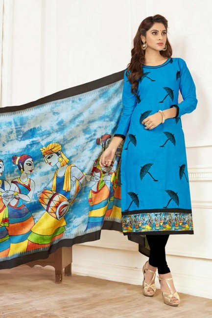couleur bleu khadi costume churidar coton