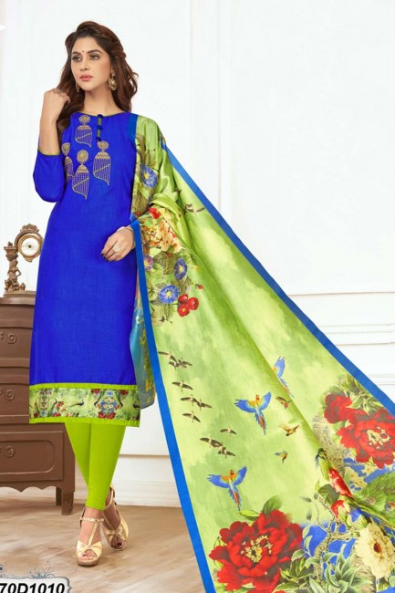 khadi couleur bleu royal costume churidar coton