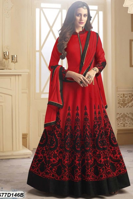costume de couleur rouge taffetas Anarkali