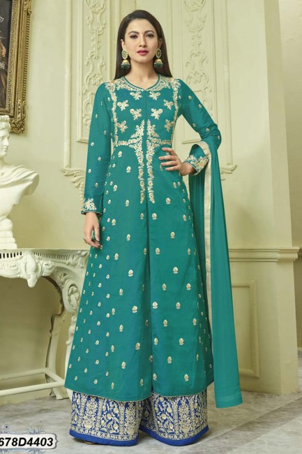 couleur turquoise costume Anarkali de soie grège