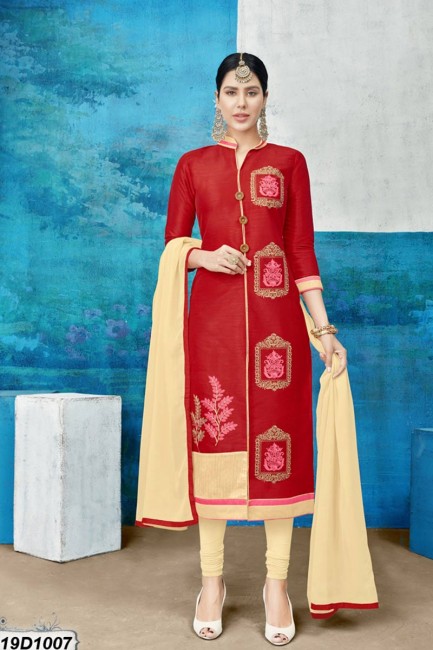 costume de couleur rouge churidar de soie Chanderi