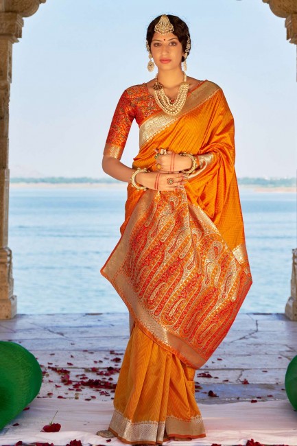 moutarde banarasi soie banarasi sari avec tissage