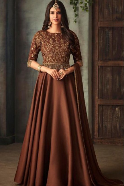 Costume s Anarkali en soie brune