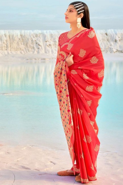 sari banarasi rouge en tissage de soie banarasi