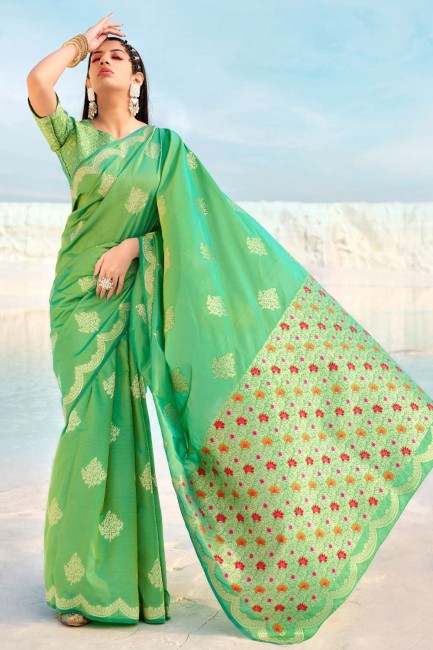banarasi sari en soie banarasi vert citron avec tissage