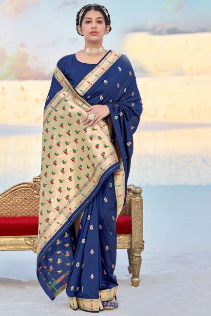 banarasi soie banarasi sari en bleu marine avec tissage