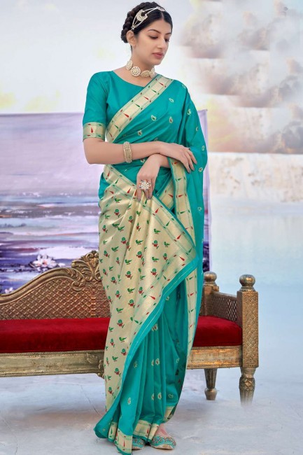 banarasi soie banarasi sari en bleu turquoise avec tissage