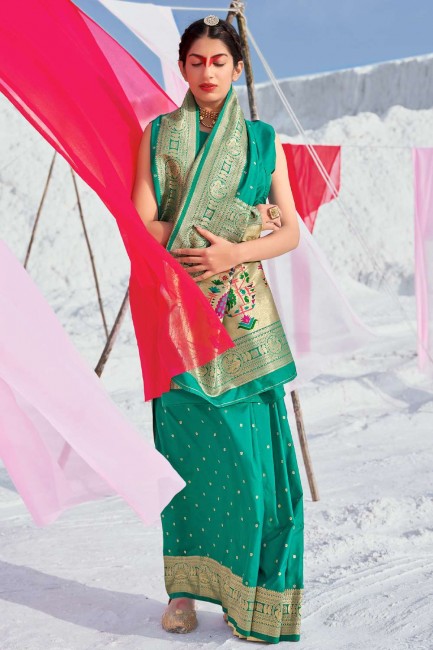tissage bleu turquoise banarasi sari en soie banarasi