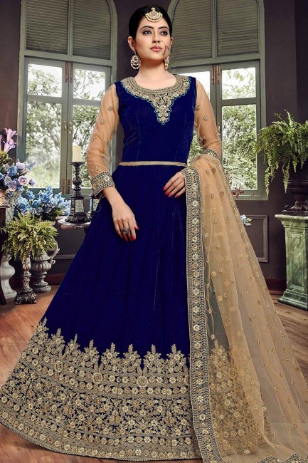 Costume s Anarkali en velours bleu