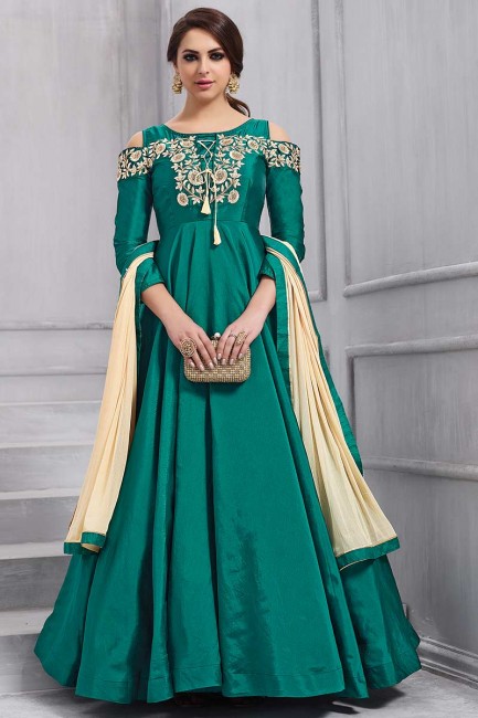 art couleur vert sarcelle costume de soie Anarkali