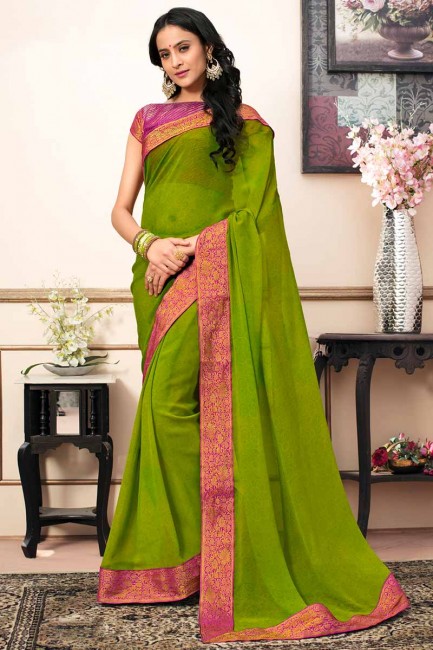 perroquet couleur verte georgette sari