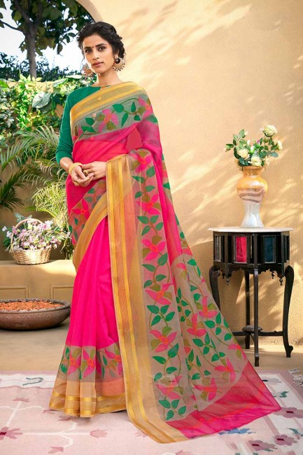 fushchia couleur rose art Chanderi saris en soie
